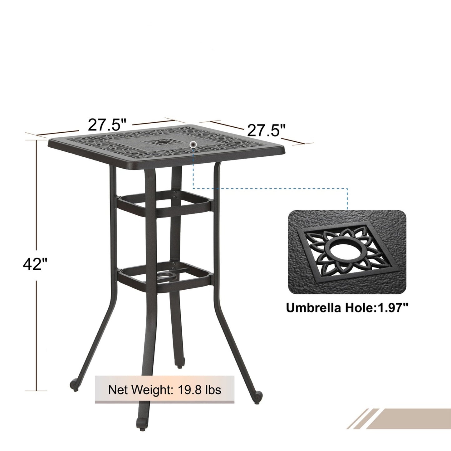 Sophia & William 27.5¡± Cast Aluminum Patio Bistro Table with 1.97¡± Umbrella Hole for Garden, Backyard