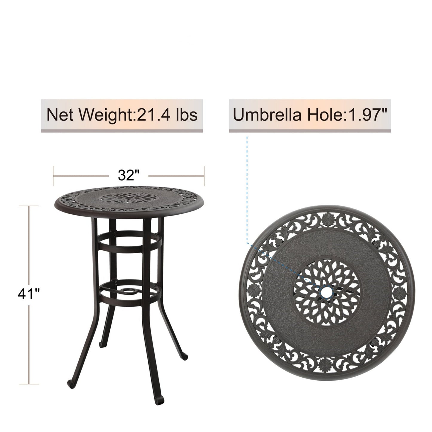 Sophia & William 32¡± Cast Aluminum Outdoor Patio Bistro Table with 1.97¡± Umbrella Hole for Garden, Backyard