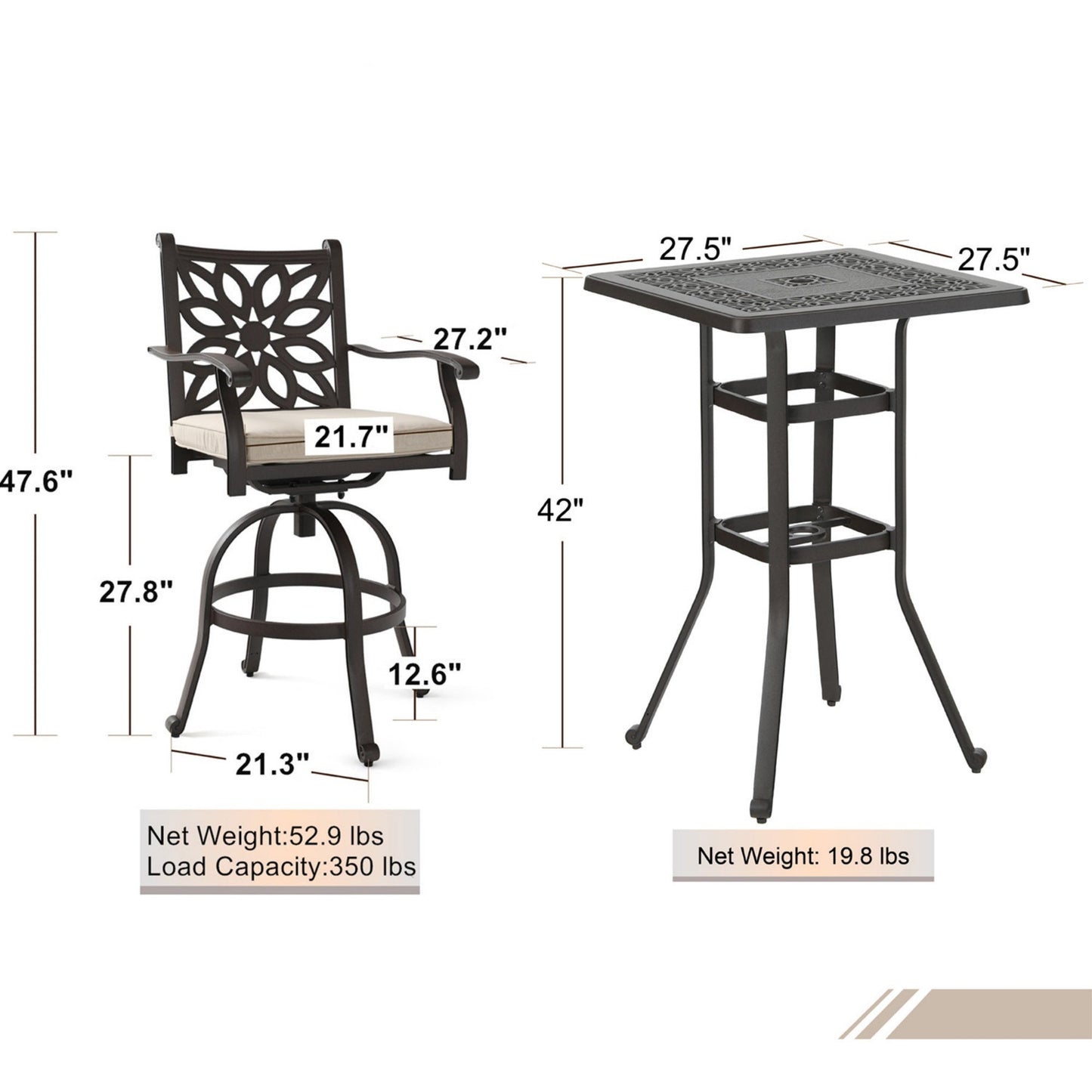 Sophia & William 3 Piece Cast Aluminum Outdoor Bar Set 2 Swivel Bar Stools with Cushion and 1 Square Patio Bar Table