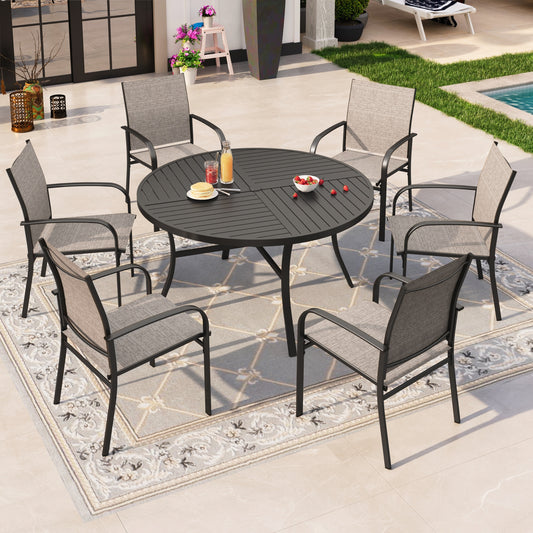 Sophia & William 7 Piece Patio Dining Set Metal Round Table Set with 4 Textilene Chairs - Brown
