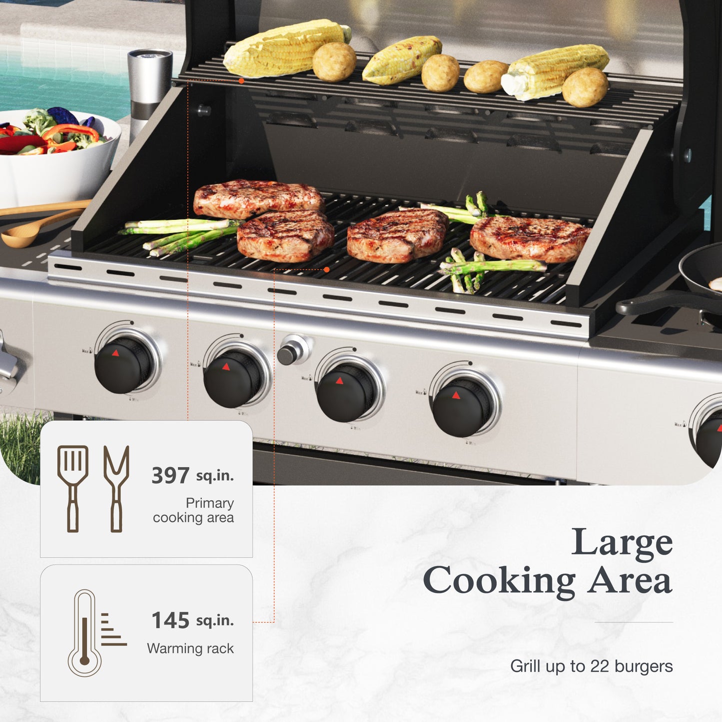 Alpha Joy 4-Burner Stainless Steel Propane Gas Grill with Side Burner, Red