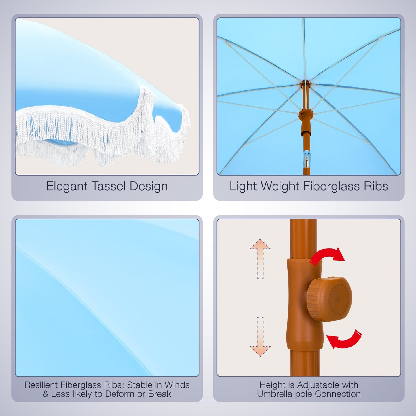 Alpha Joy 7FT Outdoor Parasol Umbrella Fiberglass Ribs Umbrella with Tassel, Sky Blue