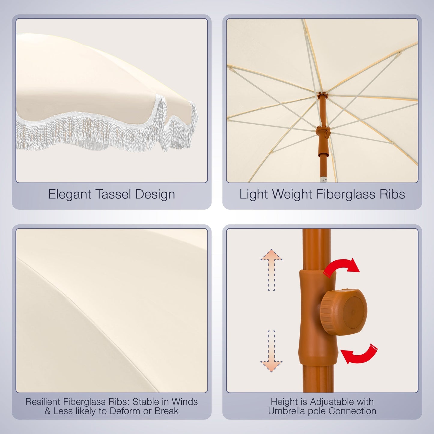 Alpha Joy 7FT Outdoor Parasol Beach Umbrella Fiberglass Ribs Umbrella with Tassel, Ivory