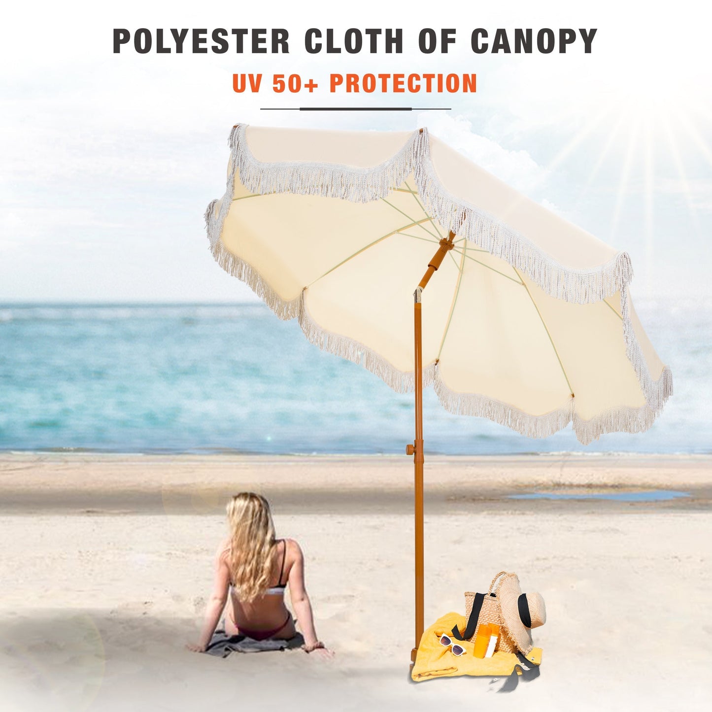 Alpha Joy 7FT Outdoor Parasol Beach Umbrella Fiberglass Ribs Umbrella with Tassel, Ivory