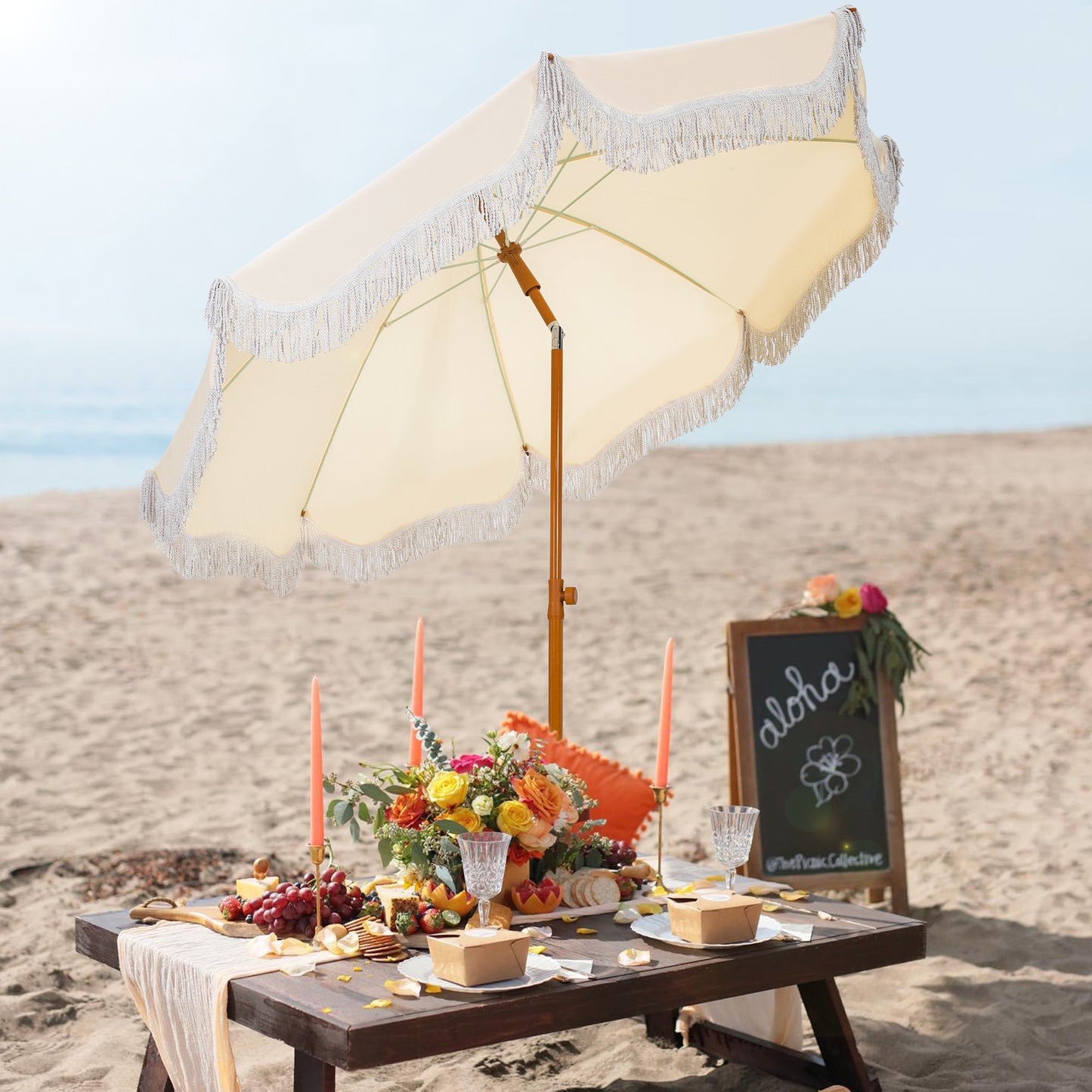 Alpha Joy 7FT Outdoor Parasol Beach Umbrella Fiberglass Ribs Umbrella with Tassel, Ivory