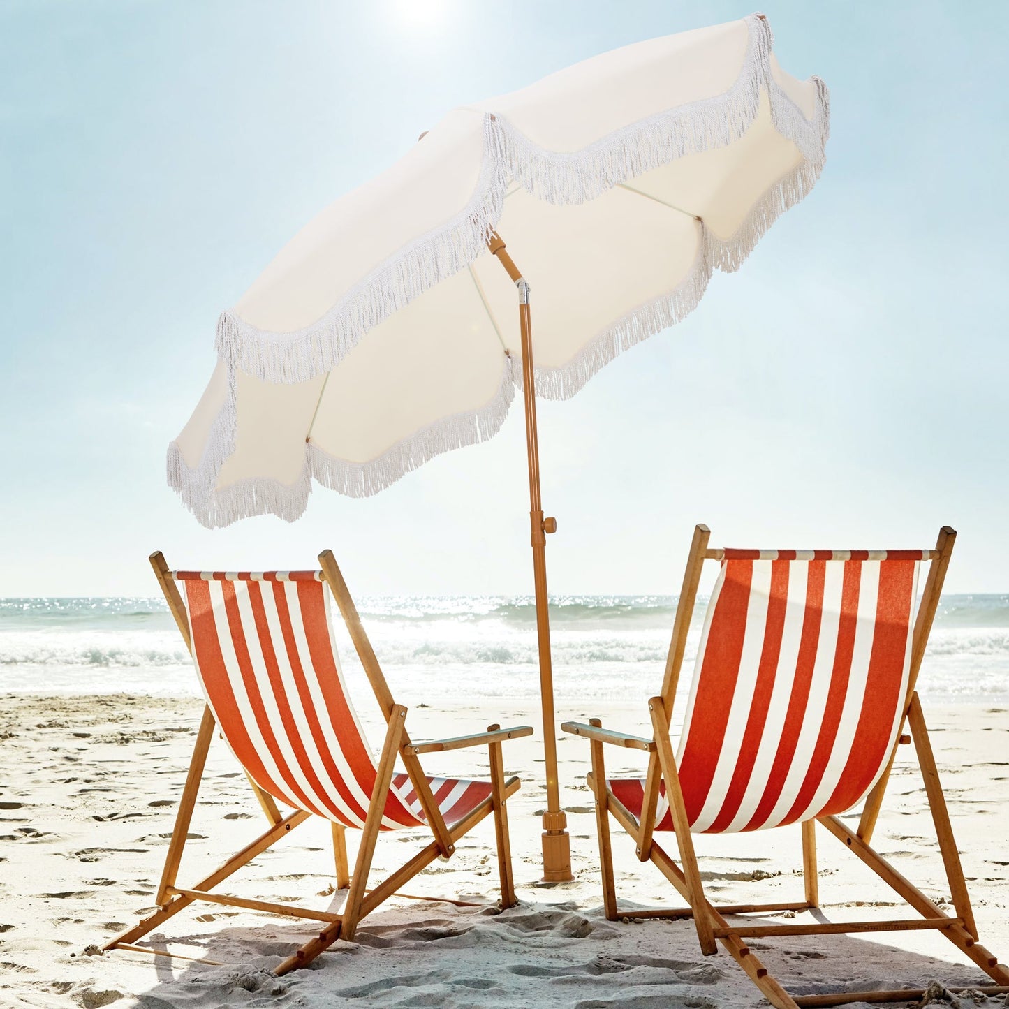 Alpha Joy 7FT Outdoor Parasol Beach Umbrella Fiberglass Ribs Umbrella with Tassel, Ivory