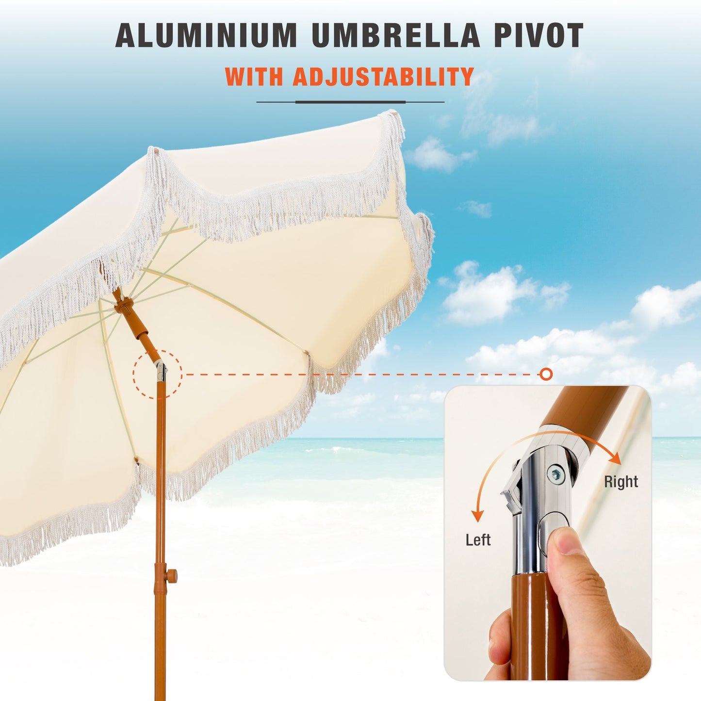Alpha Joy 7FT Outdoor Parasol Beach Umbrella Fiberglass Ribs Umbrella with Tassel, Ivory