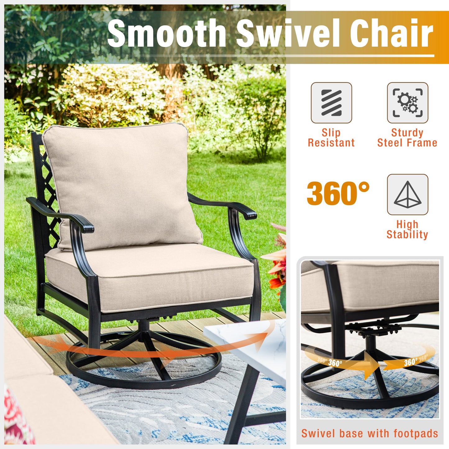 Sophia&William 5 Seat Patio Furniture Set Outdoor Conversation Set Metal Sofa with Marble Table & Swivel Chairs, Beige