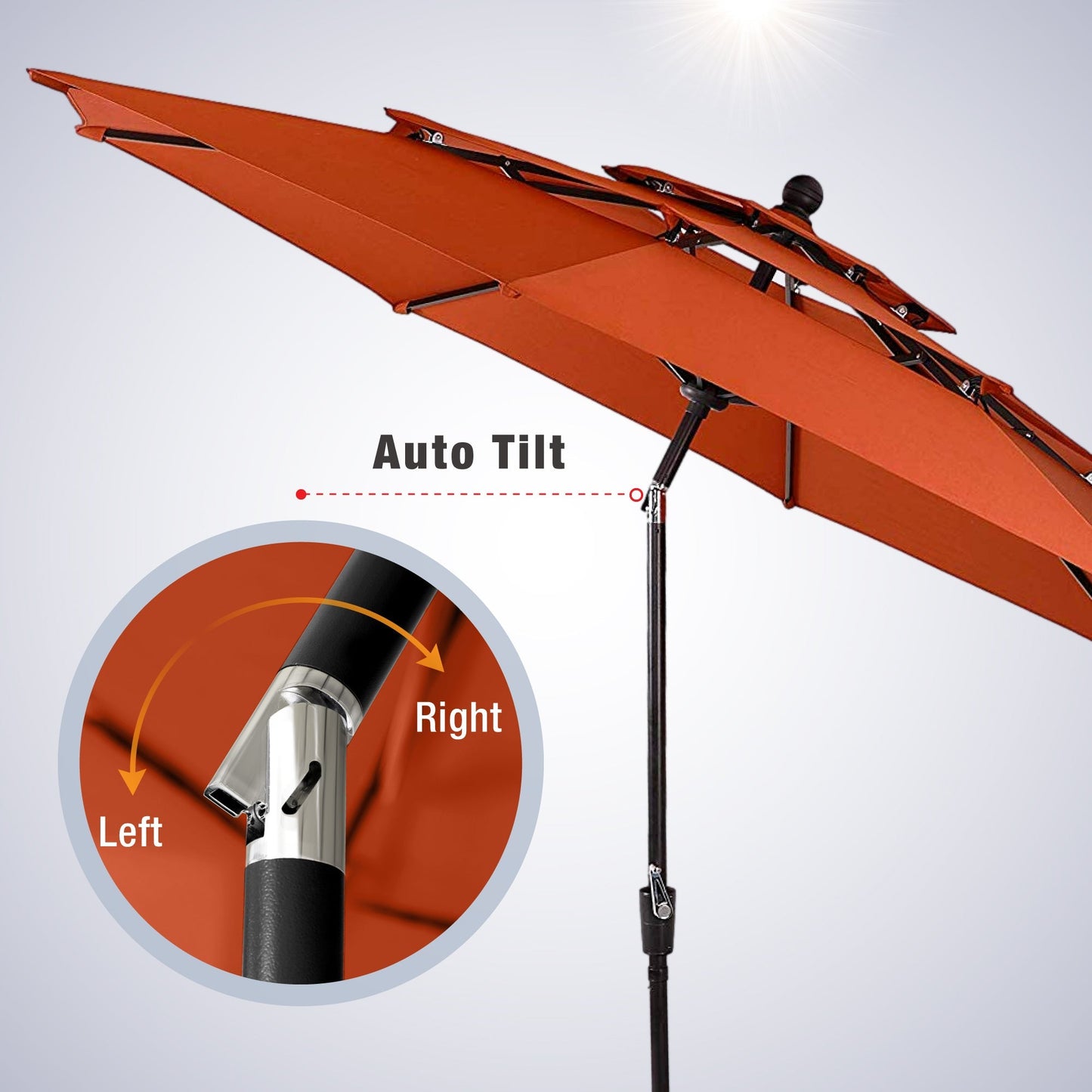 Alpha Joy  10ft 3 Tier Auto-tilt Outdoor Patio Umbrella Beach Garden Double Vented Table Umbrella with Push Button Tilt and Crank,Red