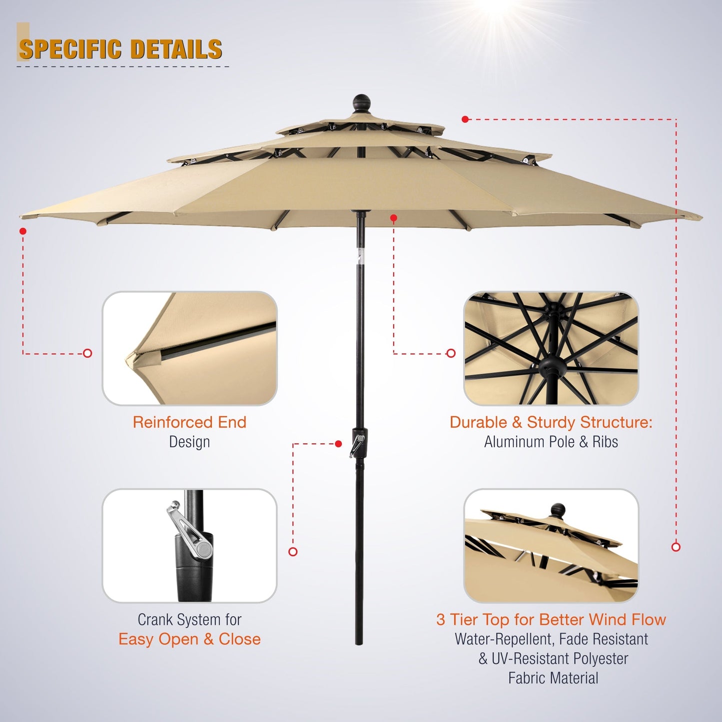 Alpha Joy 10ft 3 Tier Auto-tilt Outdoor Patio Umbrella with Push Button Tilt and Crank, Beige