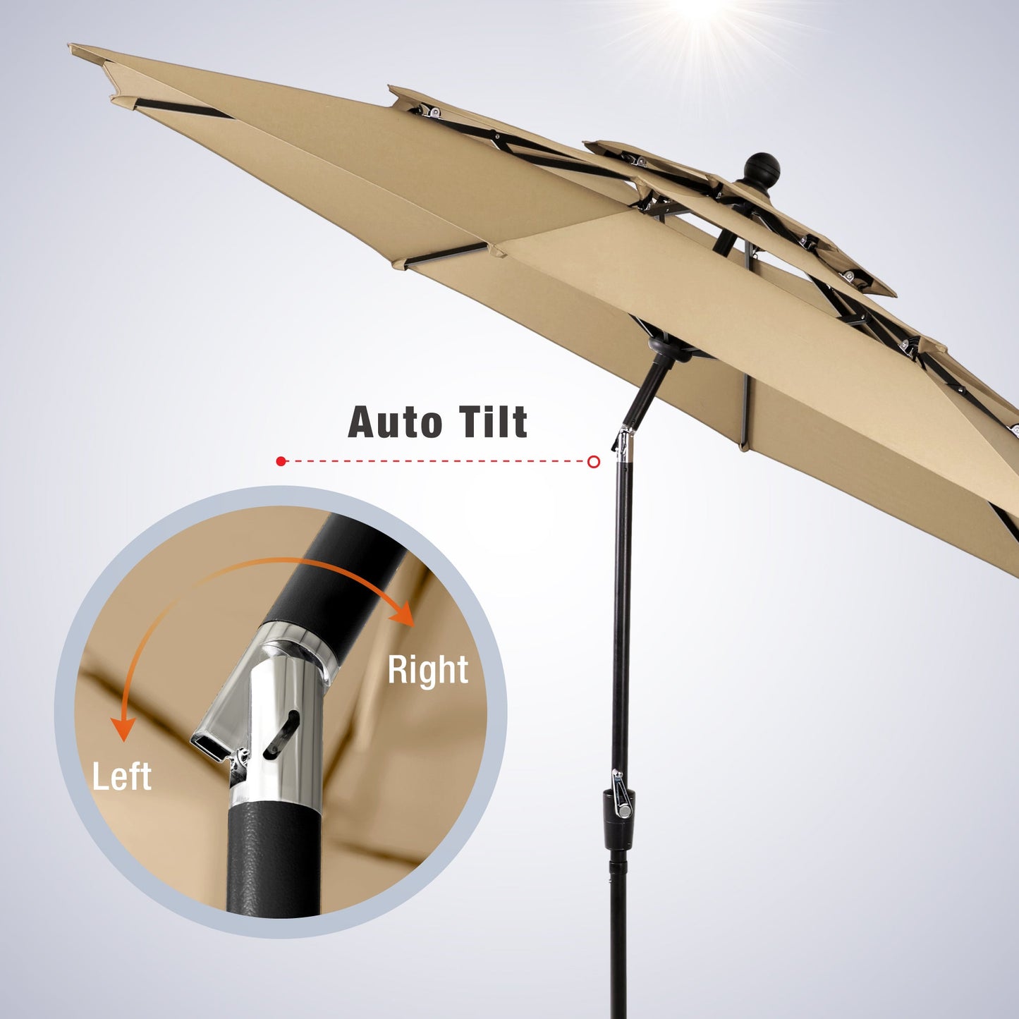 Alpha Joy  10ft 3 Tier Auto-Tilt Outdoor Patio Umbrella Beach Garden Double Vented Table Umbrella with Push Button and Crank,Beige