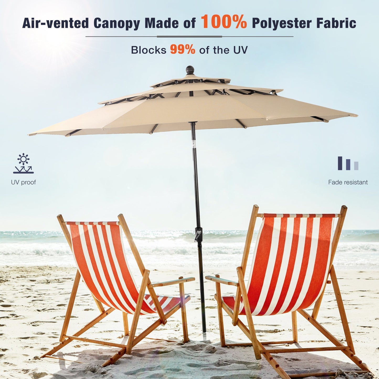 Alpha Joy 10ft 3 Tier Auto-tilt Outdoor Patio Umbrella with Push Button Tilt and Crank, Beige