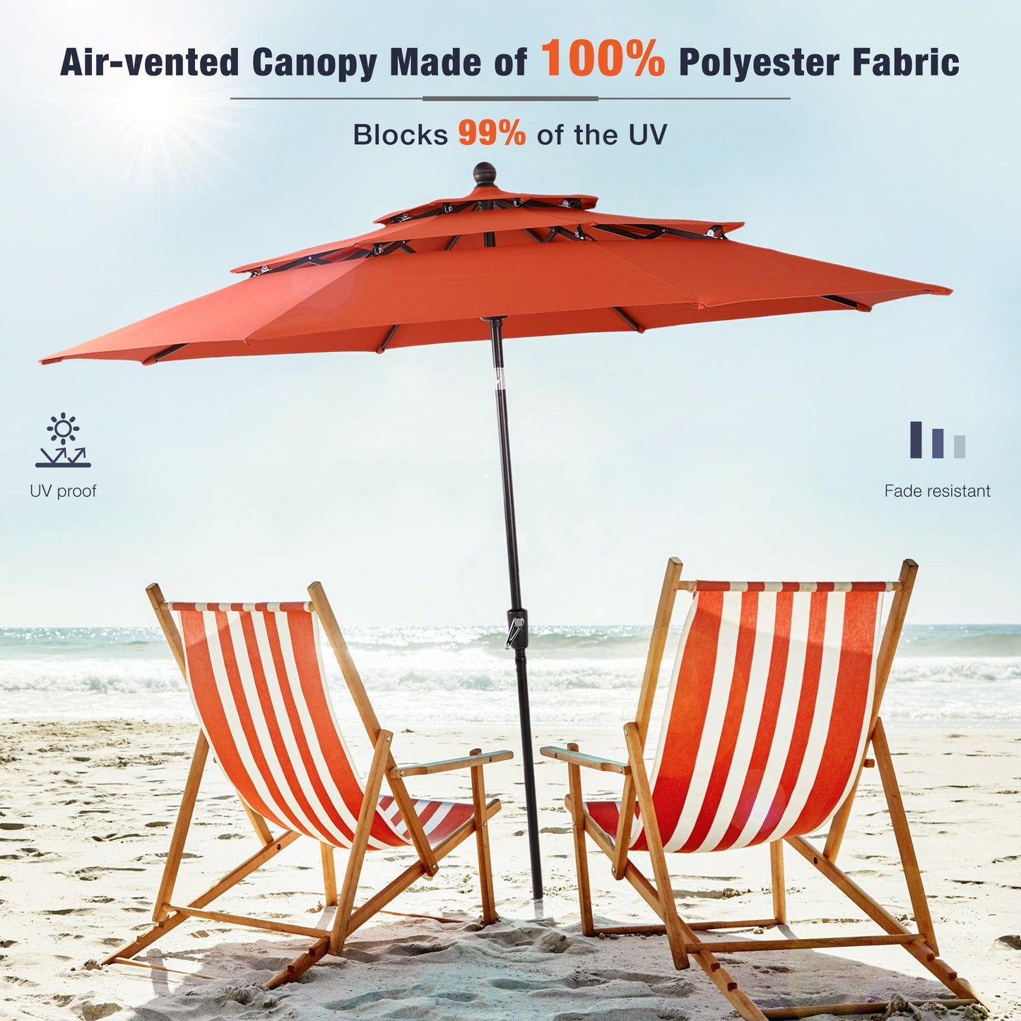Alpha Joy 10ft 3 Tier Auto-tilt Outdoor Patio Umbrella with Push Button Tilt and Crank, Orange Red