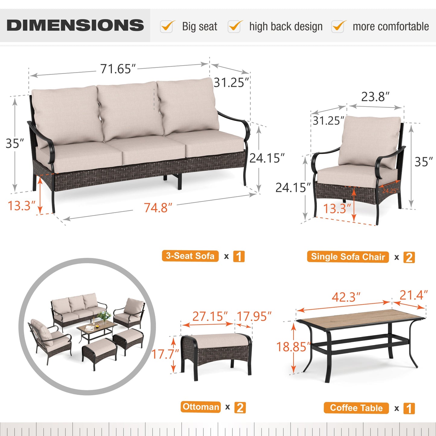 Sophia & William 6 Piece Metal Patio Furniture Set 7-Seat Outdoor Wicker Rattan Conversation Set with Armchairs