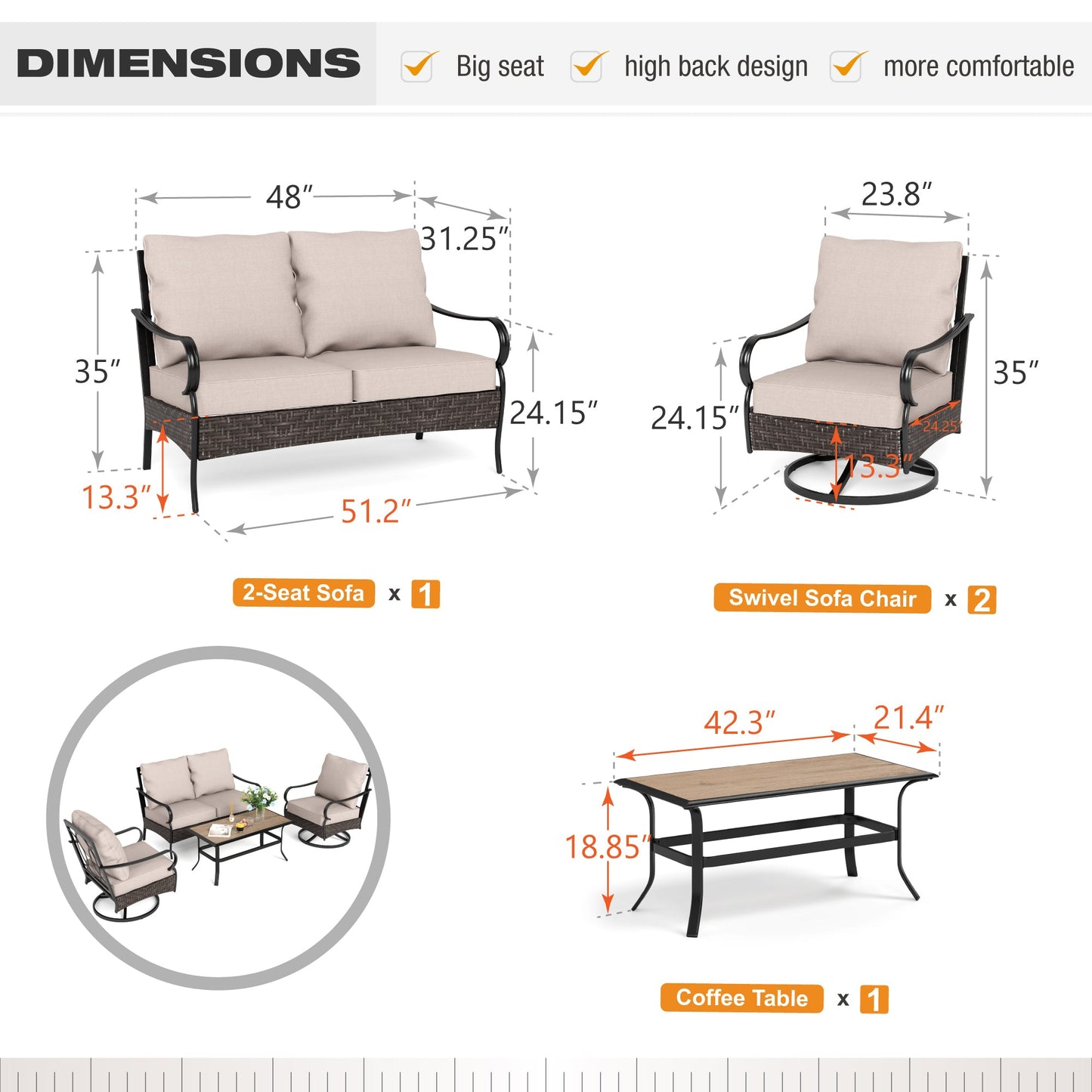 Sophia & William 4 Piece Metal Patio Furniture Set 4-Seat Outdoor Conversation Set with Swivel Chairs