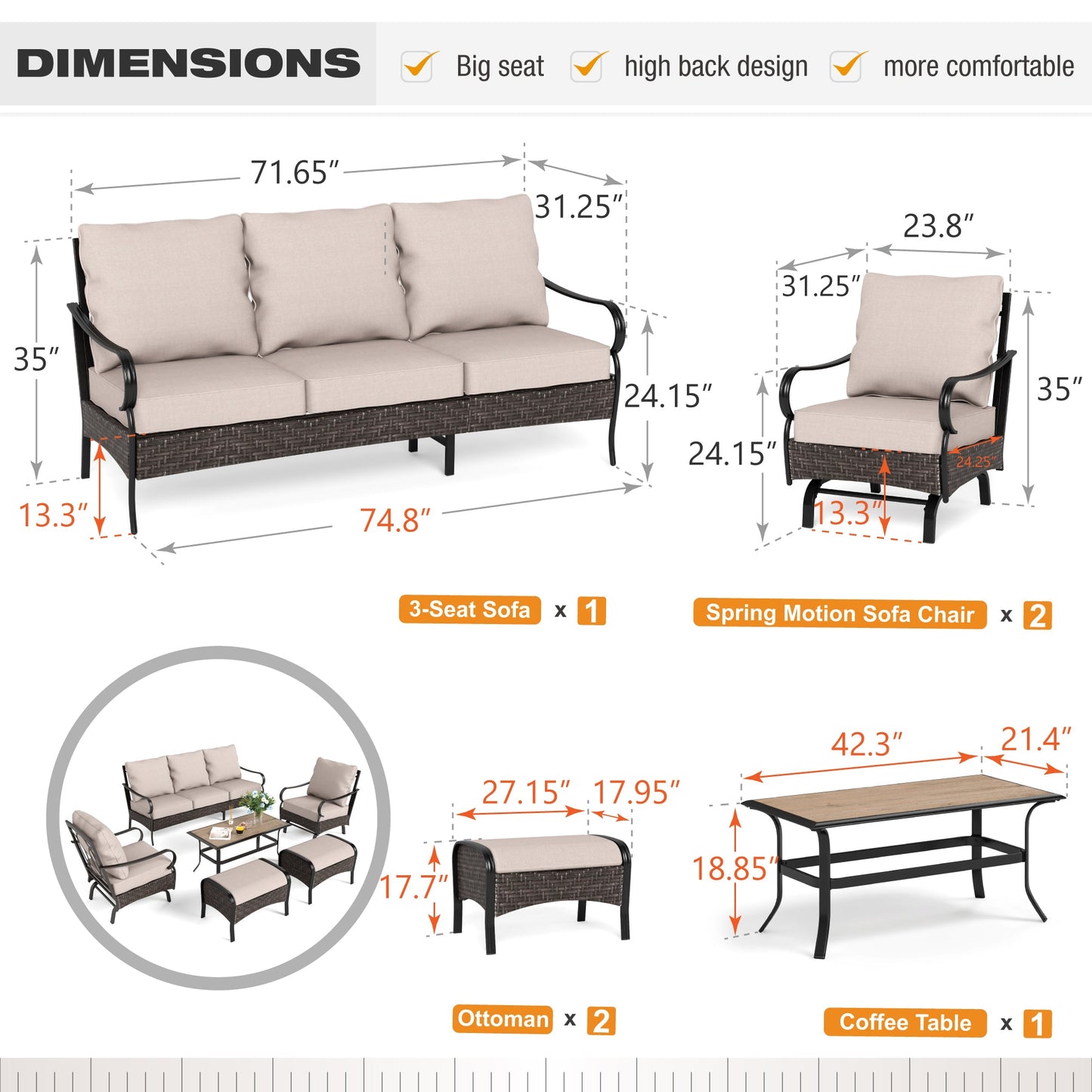 Sophia & William 6 Piece Metal Patio Furniture Set 7-Seat Outdoor Conversation Set with Spring Rocking Chairs