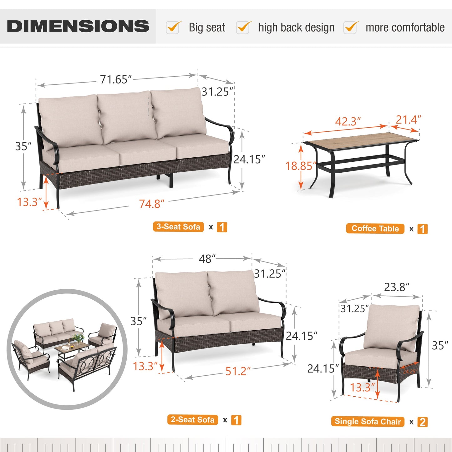 Sophia & William 5 Piece Metal Outdoor Conversation Set 7-Seat Patio Furniture Set with Armchairs