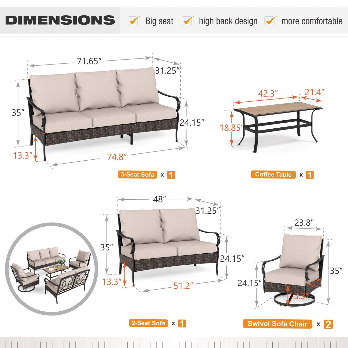 Sophia & William 5 Piece Metal Outdoor Conversation Set 7-Seat Patio Furniture Set with Swivel Chairs