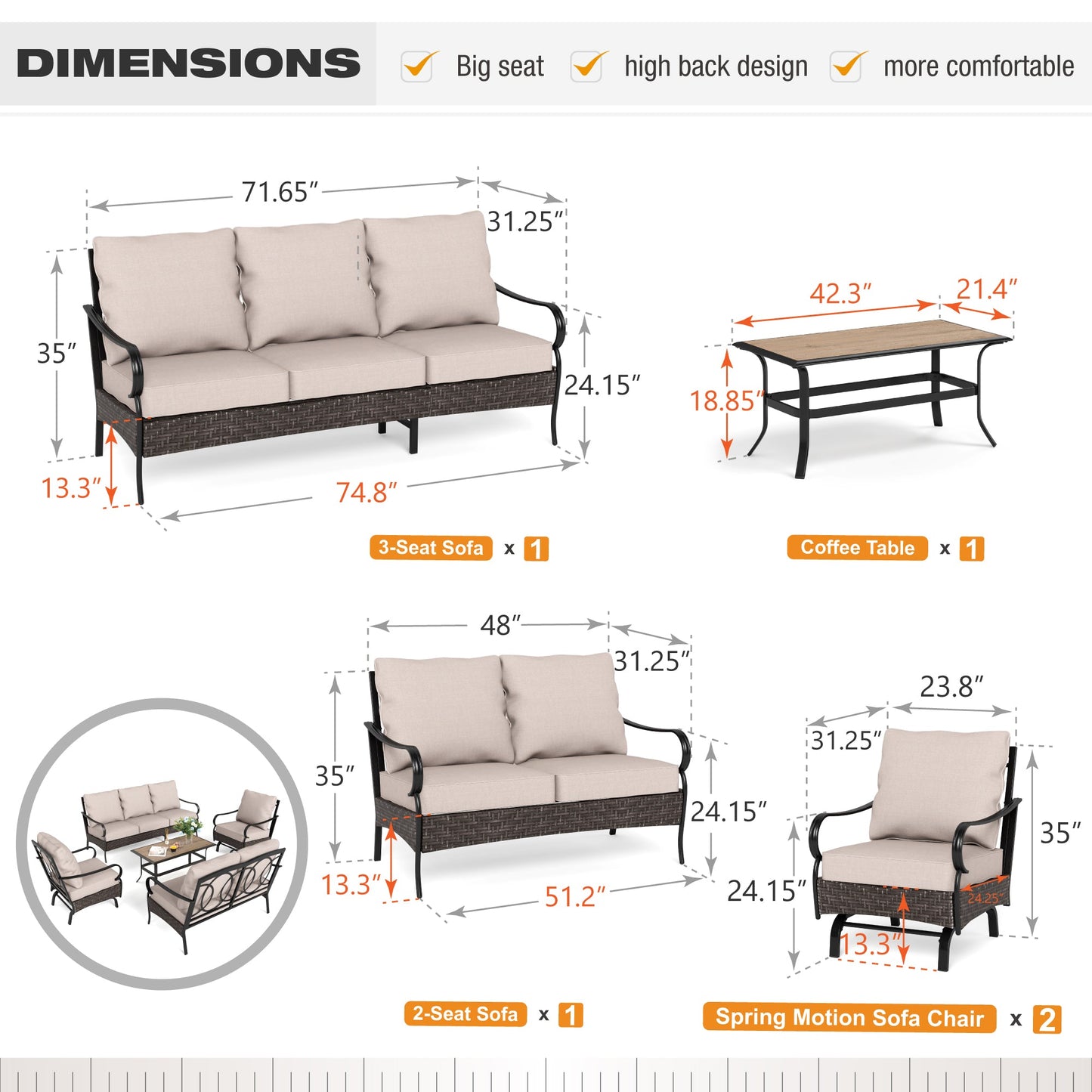 Sophia & William 5 Piece Metal Outdoor Conversation Set 7-Seat Patio Furniture Set with Spring Rocking Chairs