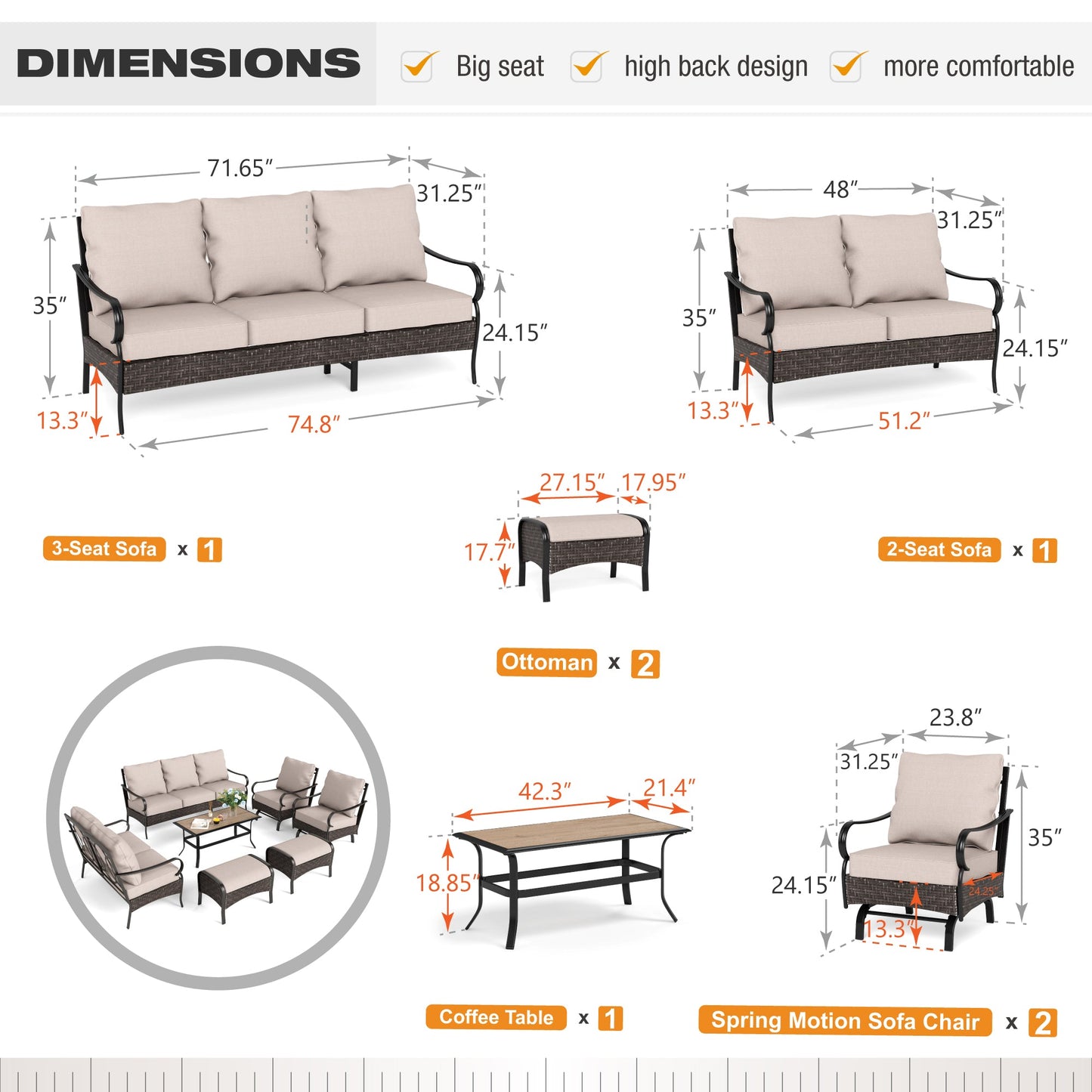 Sophia & William 7 Piece Metal Outdoor Conversation Set 9-Seat Patio Furniture Set with Spring Rocking Chairs