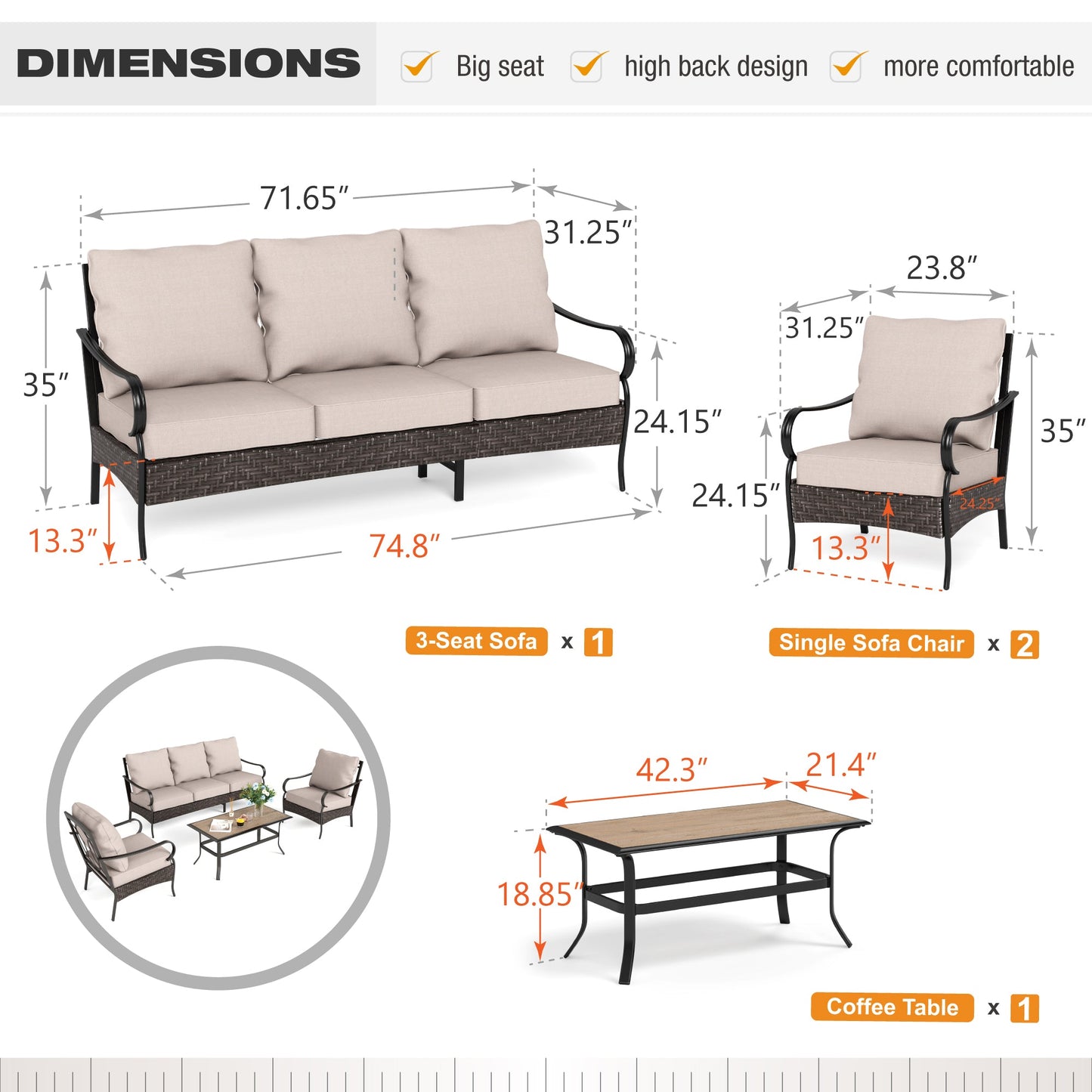Sophia & William 4 Piece Metal Patio Furniture Set 5-Seat Outdoor Wicker Rattan Conversation Set with Armchairs and Coffee Table