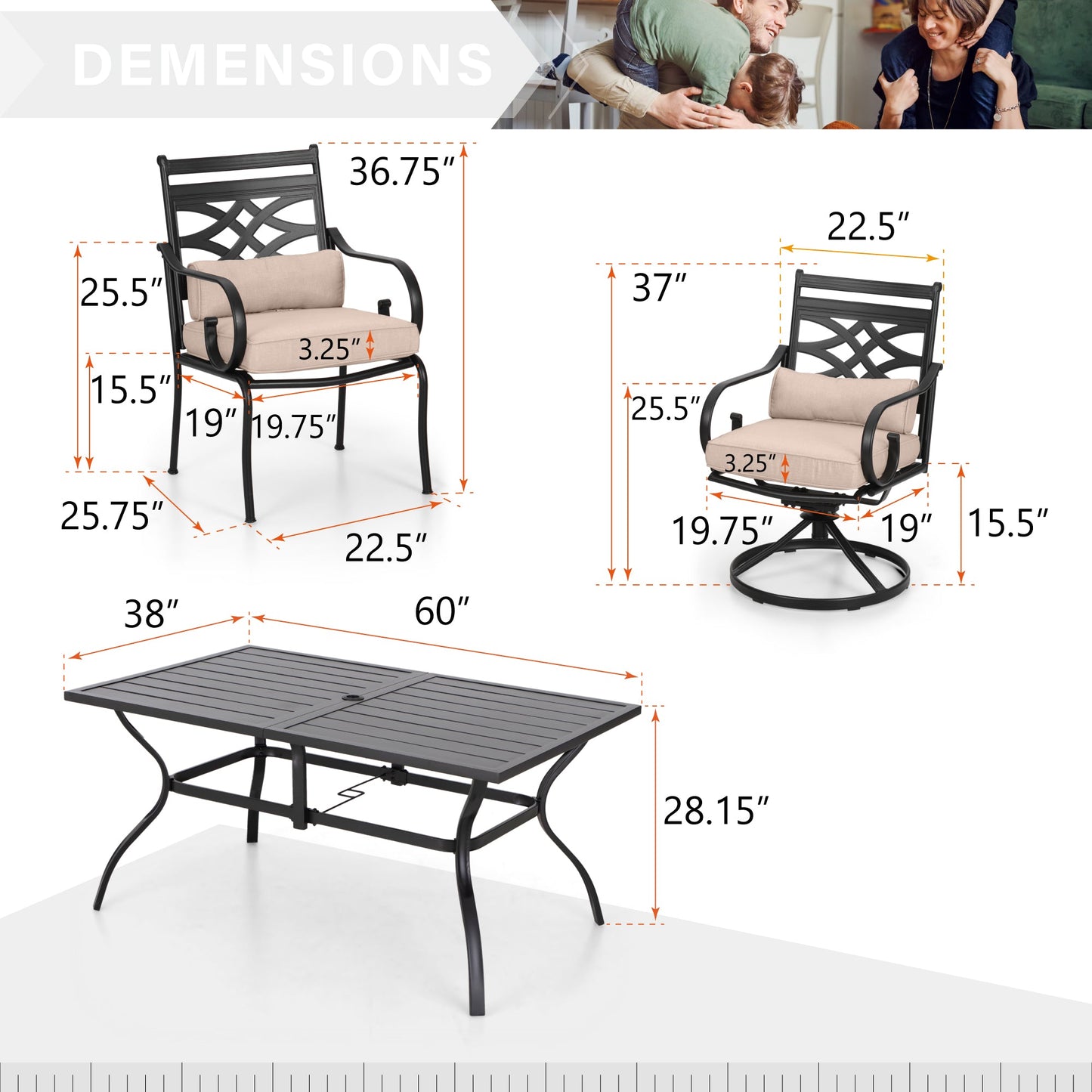 Sophia & William 7-Piece Outdoor Patio Dining Set Metal Swivel Chairs and Table Furniture Set with Cushions for 6, Beige
