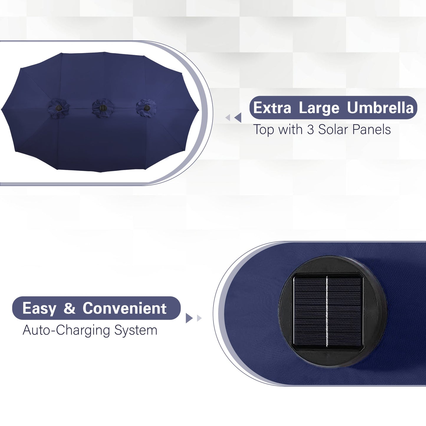 Alpha Joy 15ft Extra Large Outdoor Patio Double-Sided Umbrella with Solar Lights & Umbrella Base, Navy Blue