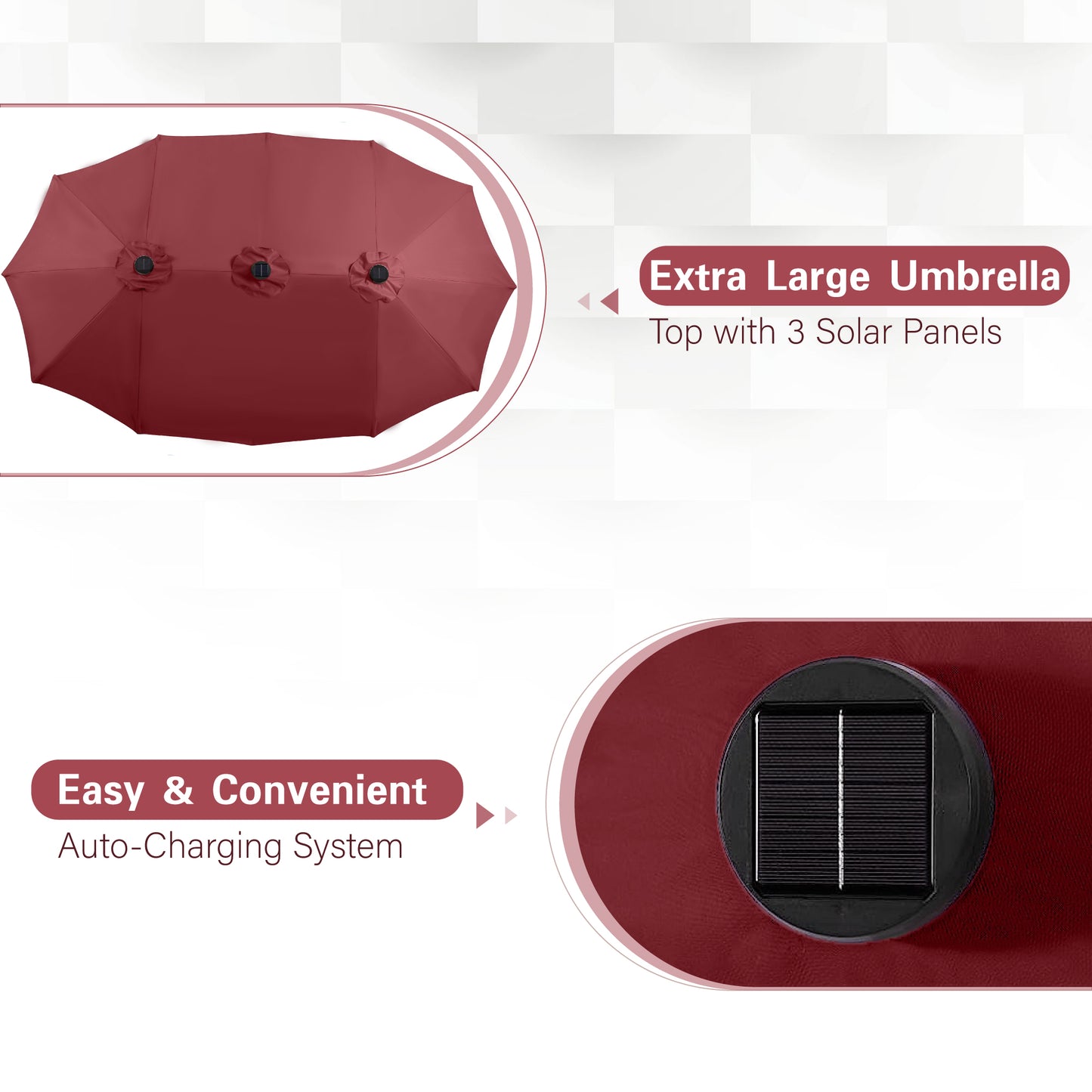 Alpha Joy 15ft Extra Large Outdoor Patio Double-Sided Umbrella with Solar Lights & Umbrella Base, Burgundy