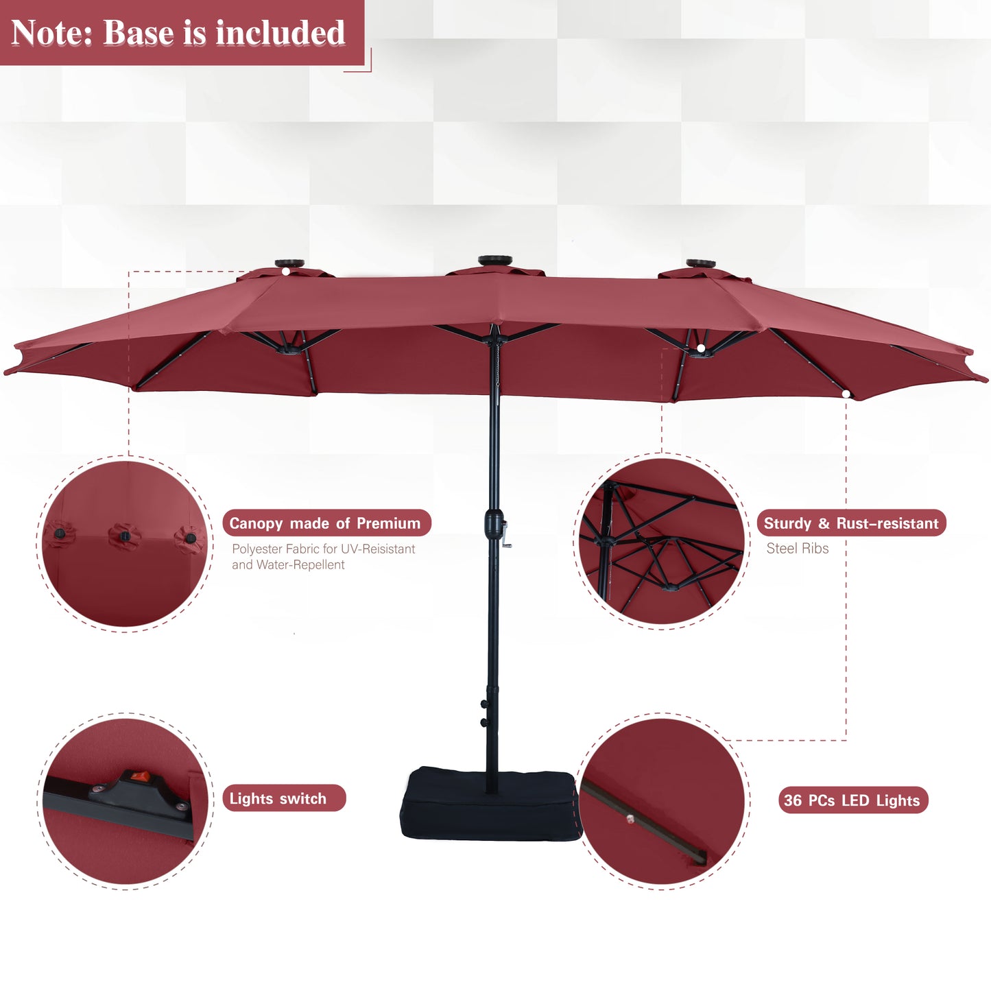 Alpha Joy 15ft Extra Large Outdoor Patio Double-Sided Umbrella with Solar Lights & Umbrella Base, Burgundy
