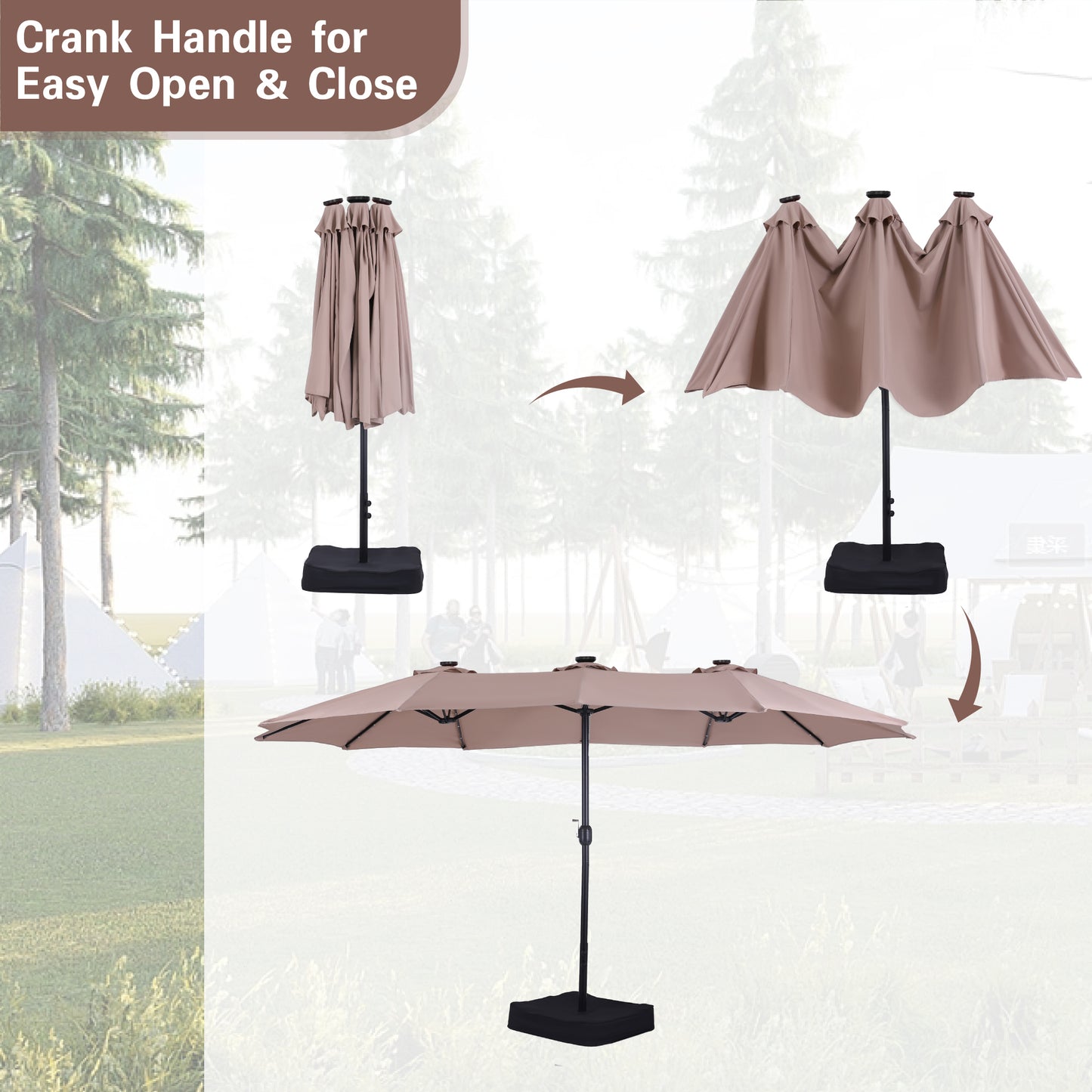Alpha Joy 15ft Extra Large Outdoor Patio Double-Sided Umbrella with LED Solar Lights & Umbrella Base, Beige