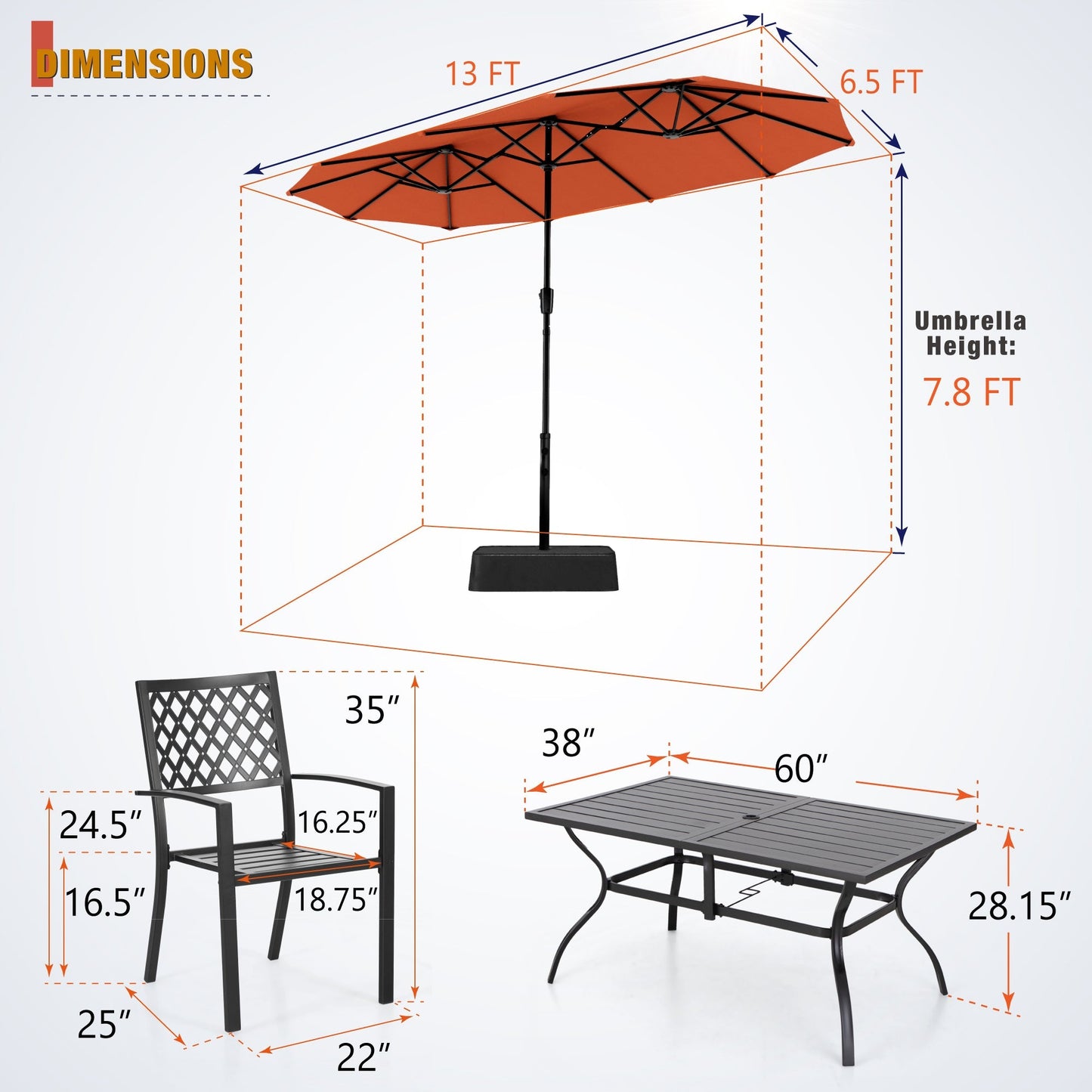 Sophia & William 8-Piece Outdoor Dining Set with 13 ft Double Sided Orange Red Umbrella, Patio Table & Metal Chairs for 6