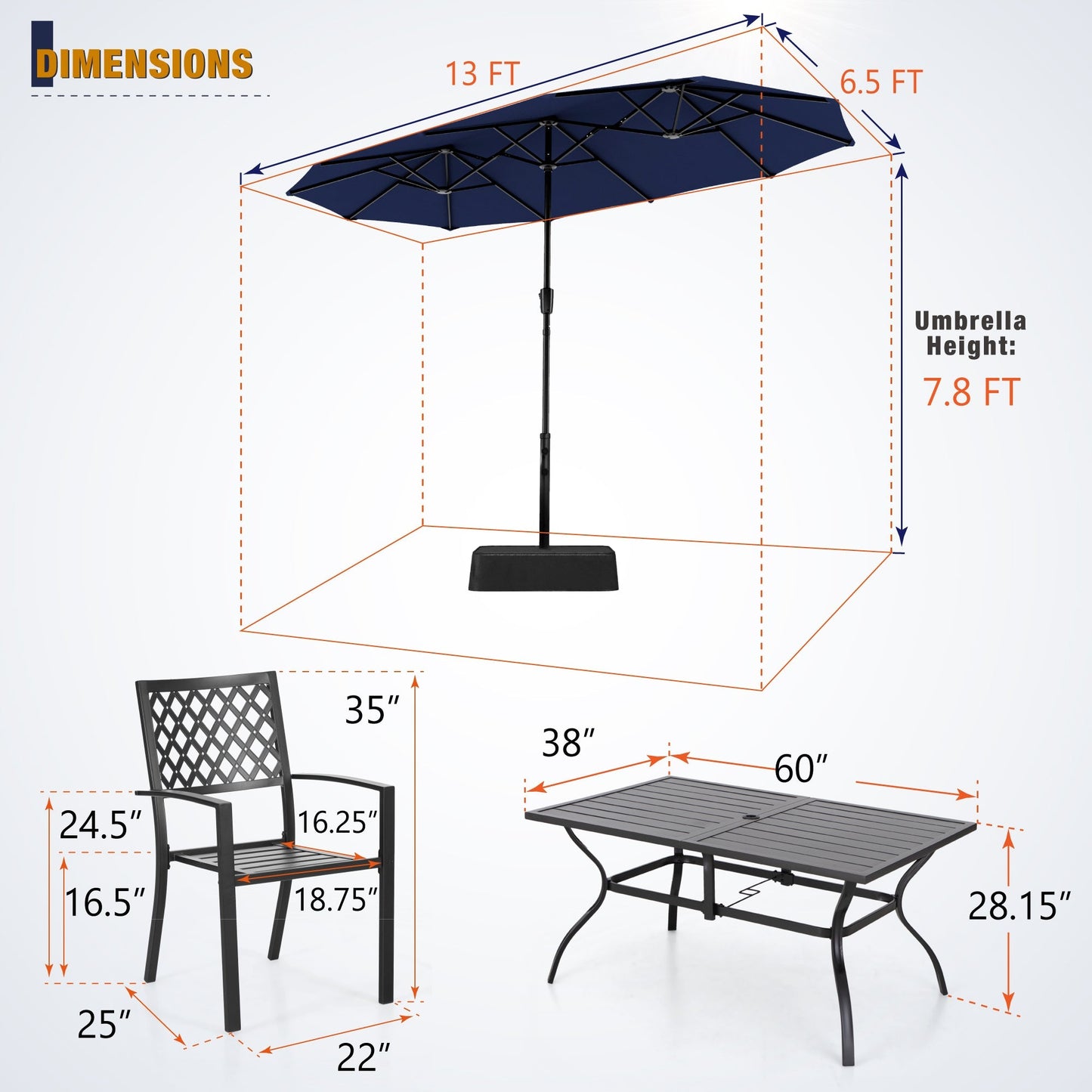 Sophia & William 8-Piece Outdoor Dining Set with 13 ft Double Sided Navy Umbrella, Patio Table & Stackable Chairs for 6