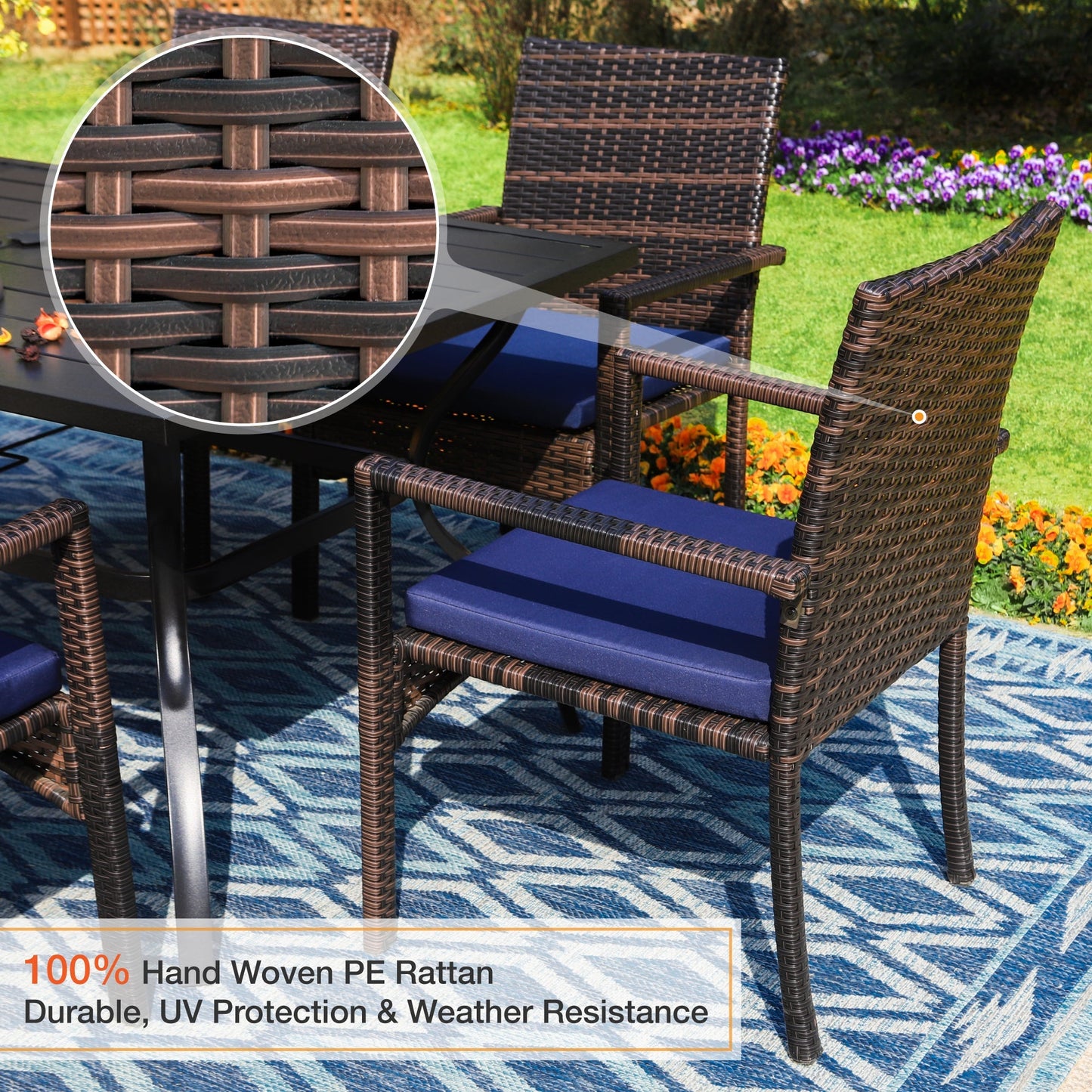 Sophia & William 8 Pieces Outdoor Patio Dining Set with 13 ft Navy Umbrella, Rattan Chairs & Metal Table for 6