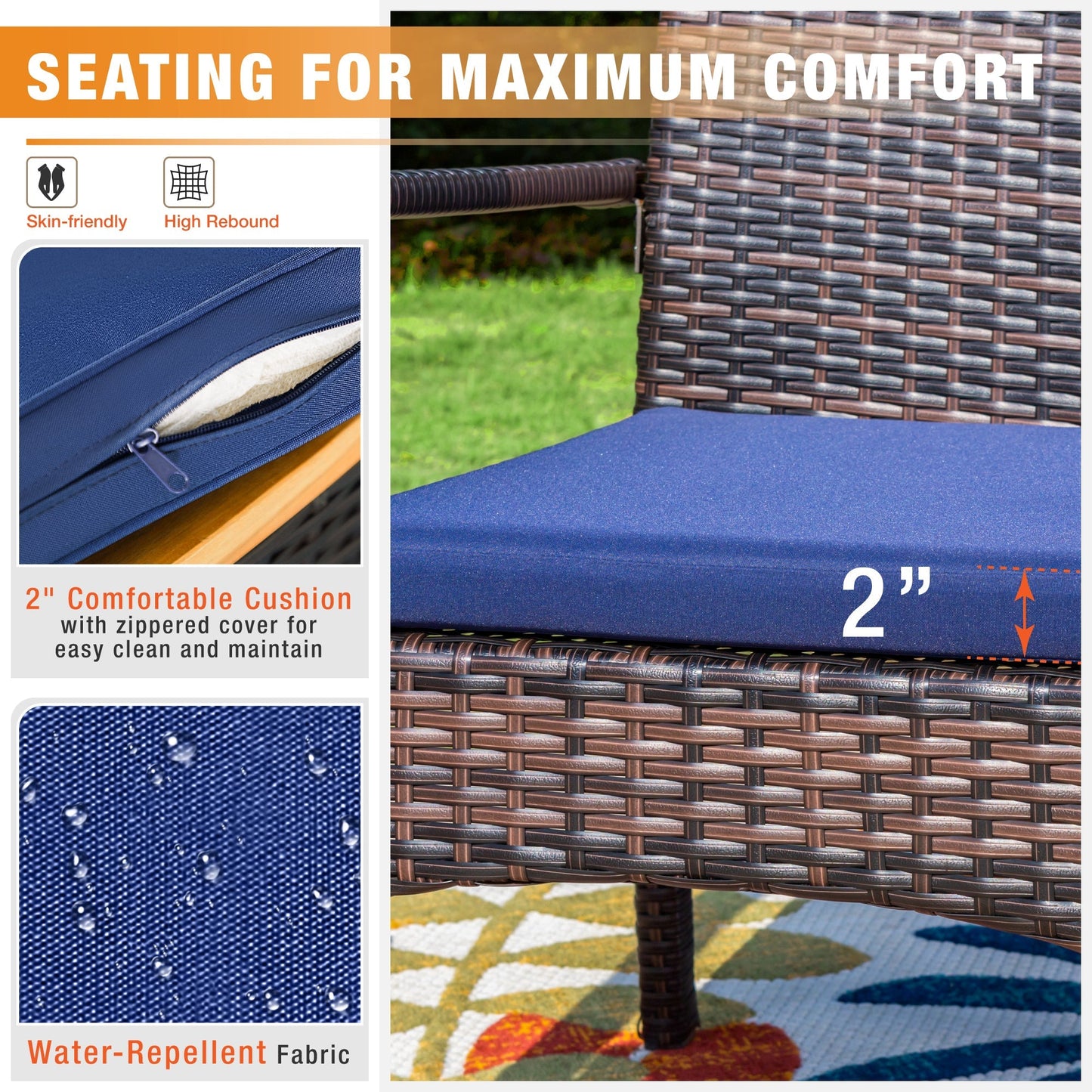 Sophia & William 7 Pieces Outdoor Patio Dining Set Large Round Metal Table with Umbrella Hole & Wicker Rattan Chairs Set for 6, Black & Navy Blue