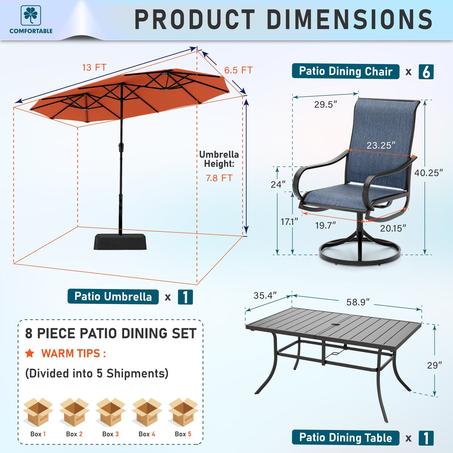 Sophia & William 8-Piece Outdoor Patio Dining Set with 13ft Orange Red Umbrella, Rectangle Table & Blue Textilene Chairs Furniture Set
