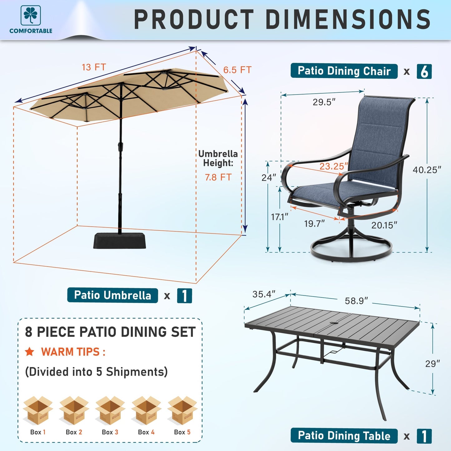 Sophia & William 8-Piece Outdoor Patio Dining Set with 13ft Beige Umbrella, Rectangle Table & Padded Textilene Chairs Furniture Set