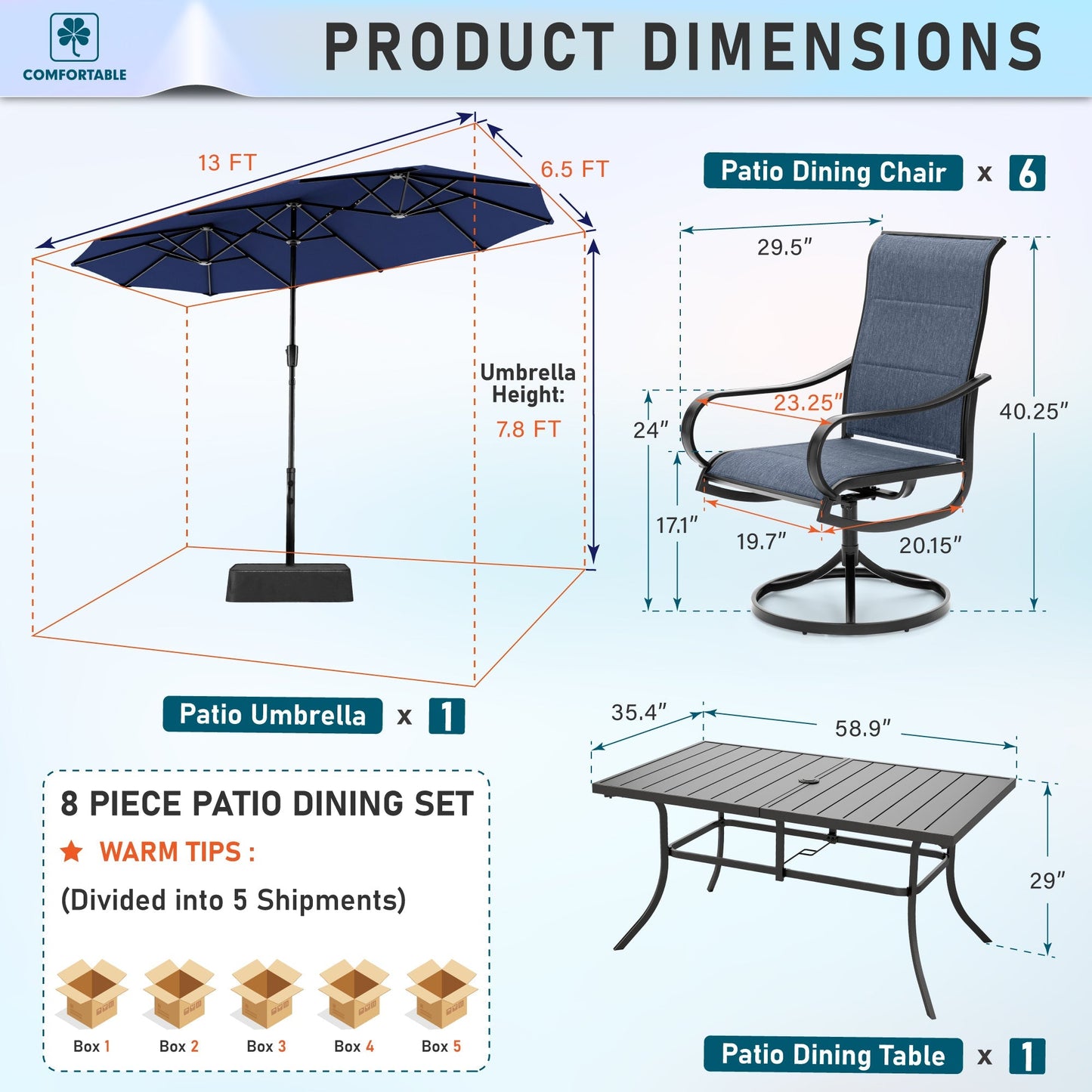 Sophia & William 8-Piece Outdoor Patio Dining Set with 13ft Navy Umbrella, Rectangle Table & Blue Padded Textilene Chairs Furniture Set