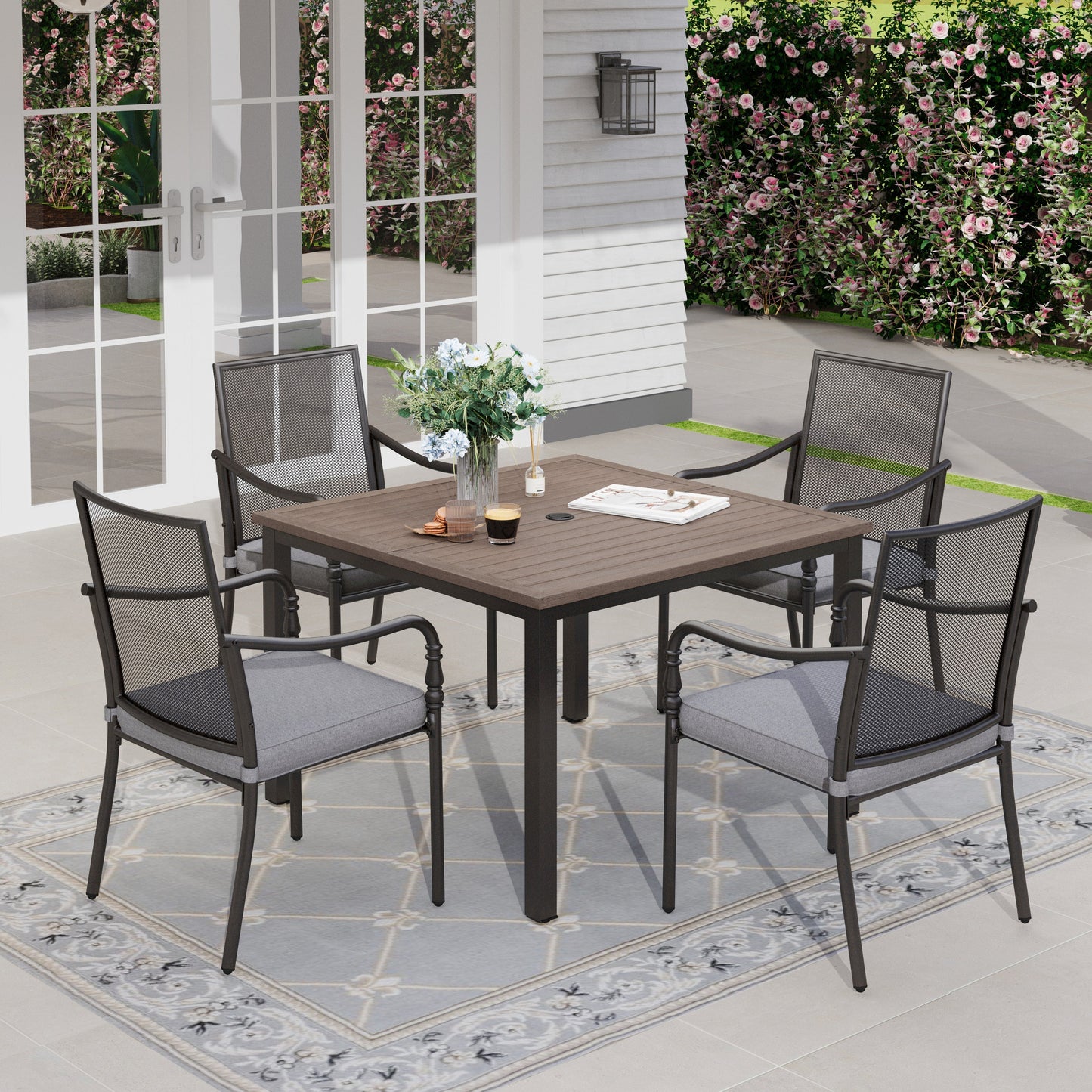 Sophia & William 5 Piece Patio Metal Dining Set Square Table and 4 Stackable Mesh Chairs