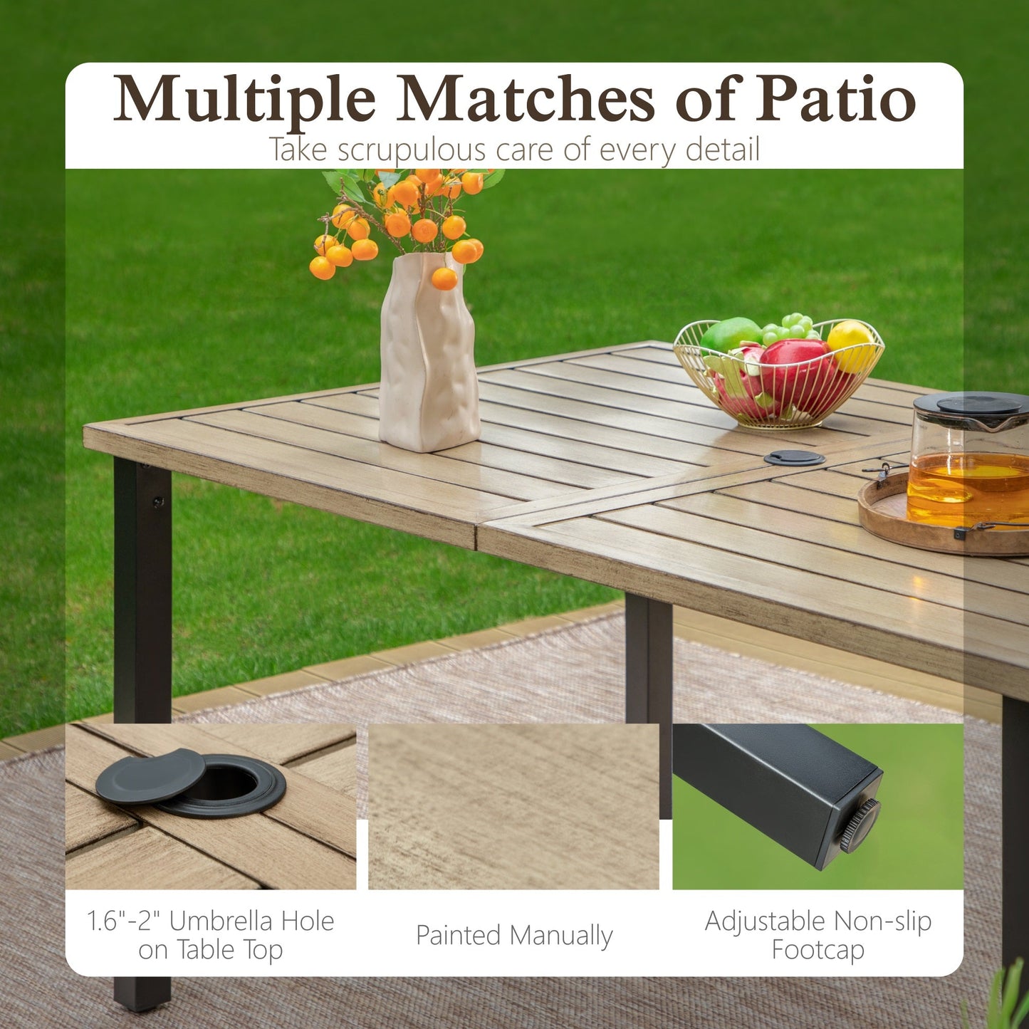 Sophia & William 7Pcs Outdoor Patio Dining Set Metal Cushioned Chairs and Wood-grain Table Furniture Set for 6,Beige