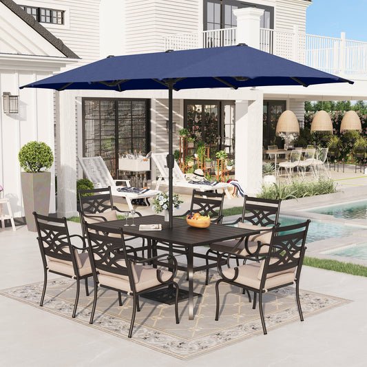 Alpha Joy 8-Piece Outdoor Patio Dining Set with 13 ft Navy Blue Umbrella, Cushioned Chairs & Metal Table for 6