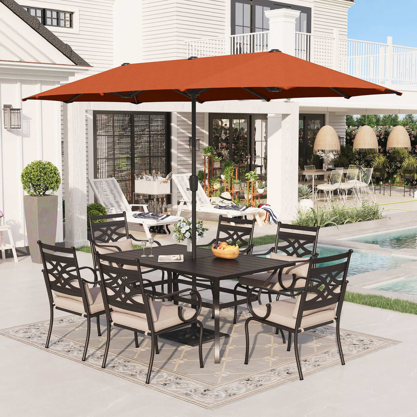 Alpha Joy 8-Piece Outdoor Patio Dining Set with 13 ft Orange Red Umbrella, Cushioned Chairs & Metal Table for 6