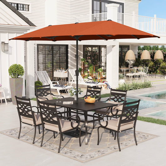 Alpha Joy 8-Piece Outdoor Patio Dining Set with 13 ft Orange Red Umbrella, Cushioned Chairs & Metal Table for 6