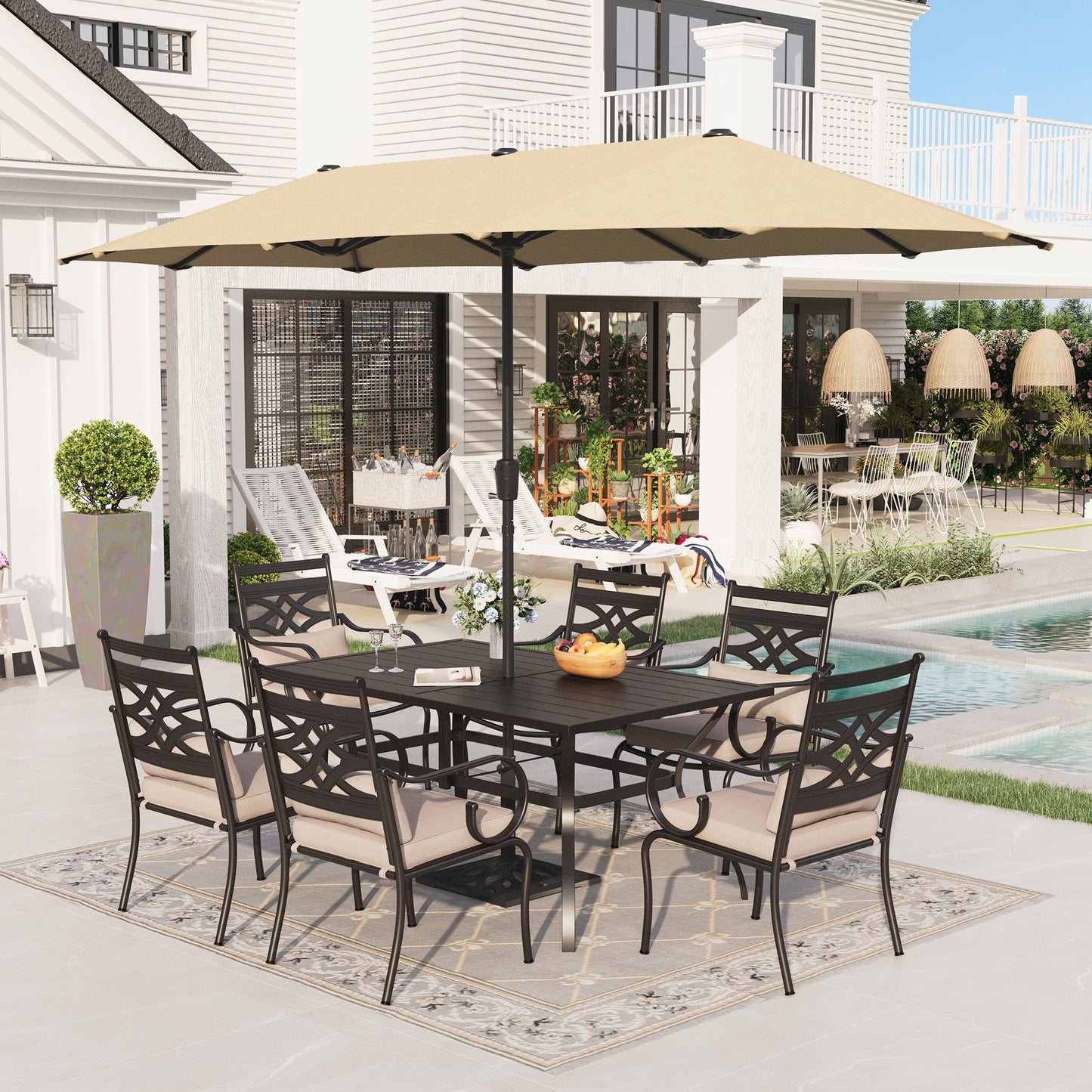 Alpha Joy 8-Piece Outdoor Patio Dining Set with 13 ft Beige Umbrella, Cushioned Chairs & Metal Table for 6
