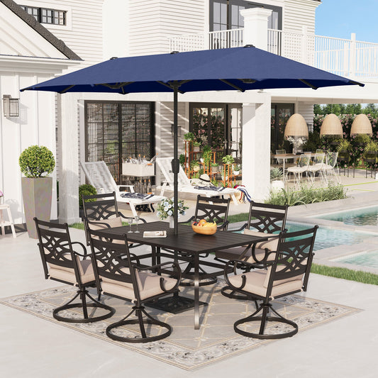 Alpha Joy 8-Piece Outdoor Patio Dining Set with 13 ft Navy Blue Umbrella, Cushioned Swivel Chairs & Metal Table for 6