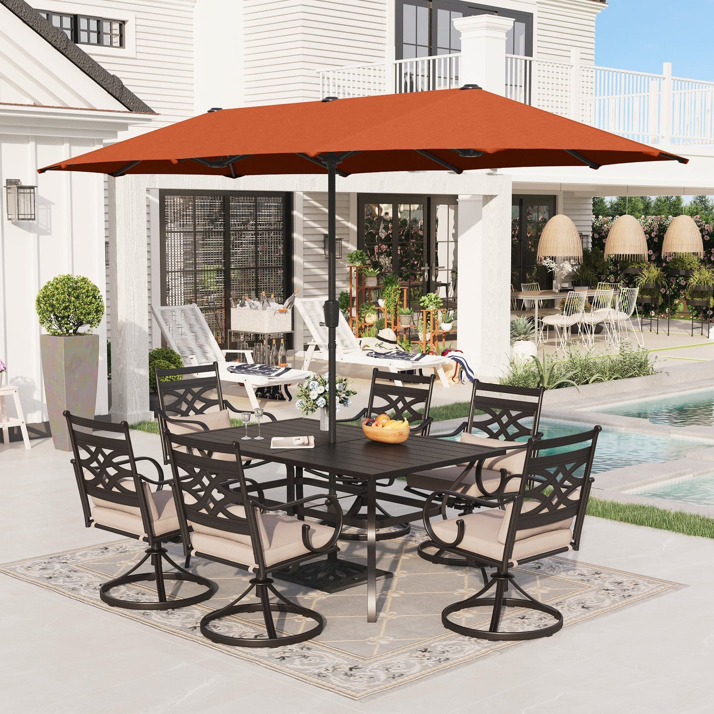 Alpha Joy 8-Piece Outdoor Patio Dining Set with 13 ft Orange Red Umbrella, Cushioned Swivel Chairs & Metal Table for 6