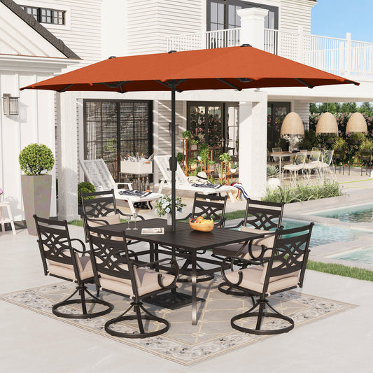 Alpha Joy 8-Piece Outdoor Patio Dining Set with 13 ft Orange Red Umbrella, Cushioned Swivel Chairs & Metal Table for 6