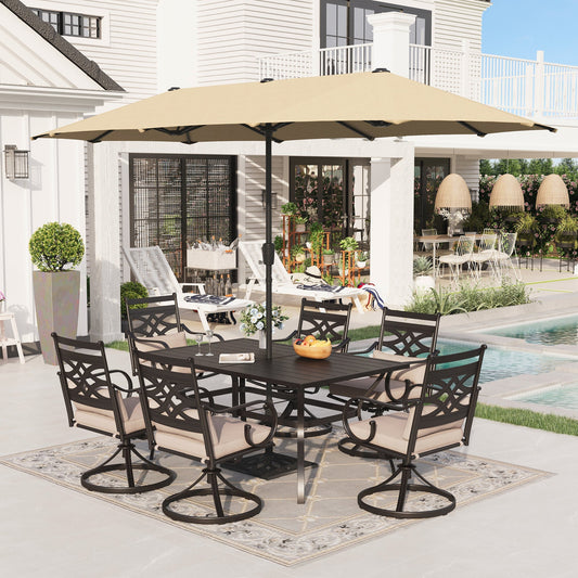 Alpha Joy 8-Piece Outdoor Patio Dining Set with 13 ft Beige Umbrella, Cushioned Swivel Chairs & Metal Table for 6