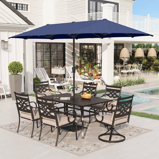 Alpha Joy 8-Piece Outdoor Patio Dining Set with 13 ft Navy Blue Umbrella, Cushioned Swivel Chairs & Fixed Chairs & Metal Table for 6