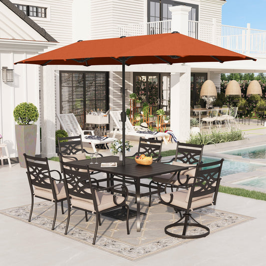 Alpha Joy 8-Piece Outdoor Patio Dining Set with 13 ft Orange Red Umbrella, Cushioned Swivel Chairs & Fixed Chairs & Metal Table for 6