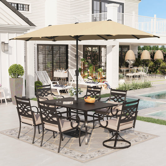 Alpha Joy 8-Piece Outdoor Patio Dining Set with 13 ft Beige Umbrella, Cushioned Swivel Chairs & Fixed Chairs & Metal Table for 6